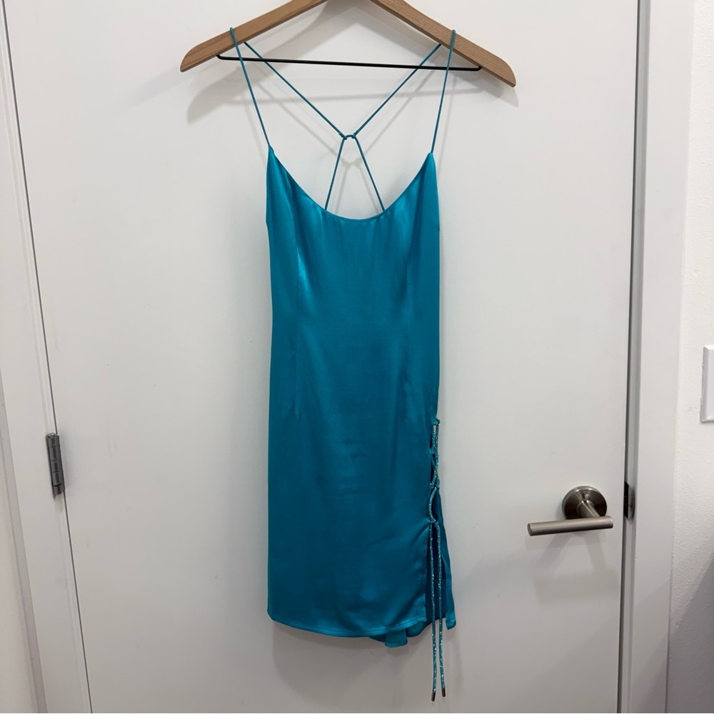 Meshki NEW Briah Diamante satin Mini Dress in cyan blue turquoise size small - Picture 2 of 9